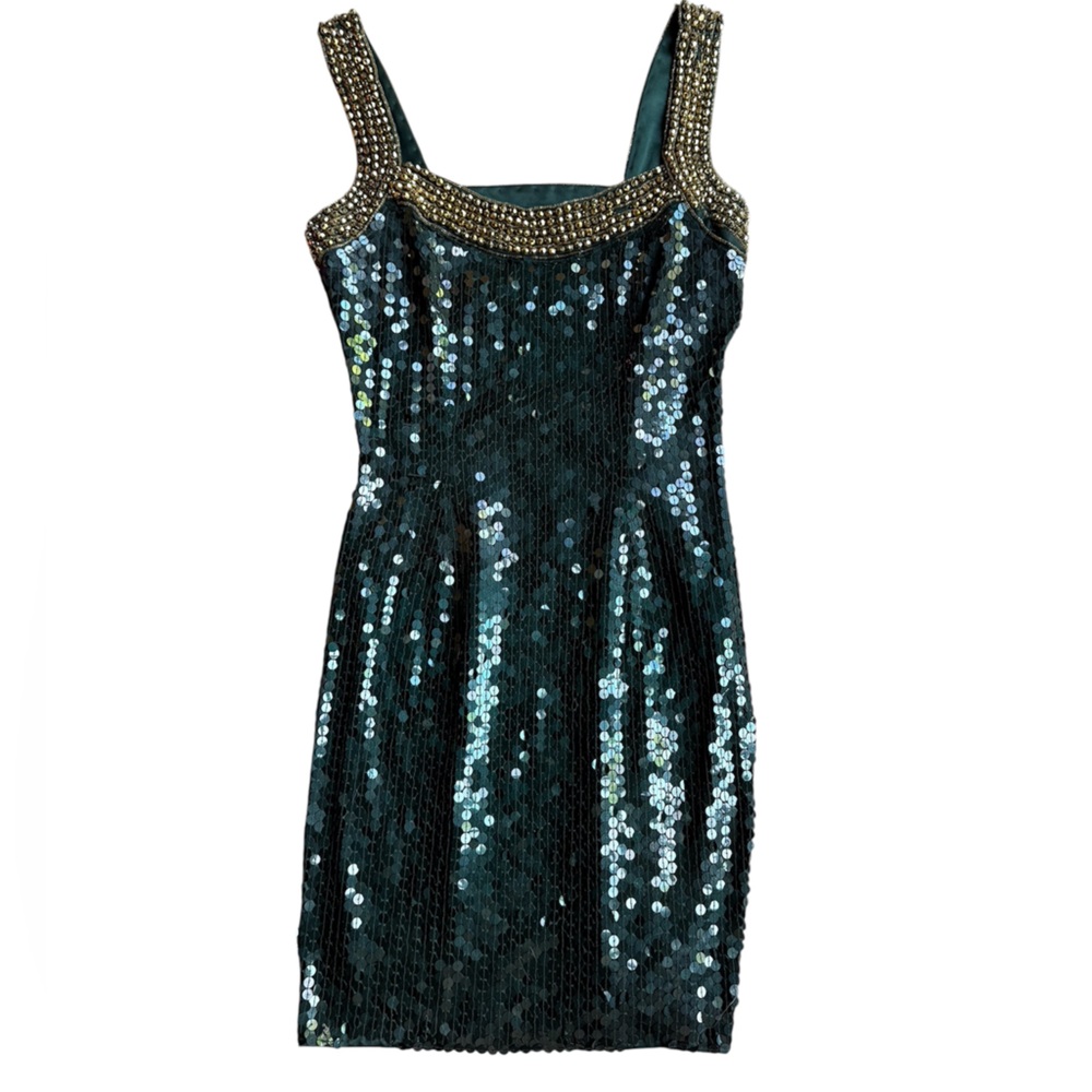 Niteline Vintage Y2K Dress Sz. 4 Green Sequin Strappy Back Mini Showgirl